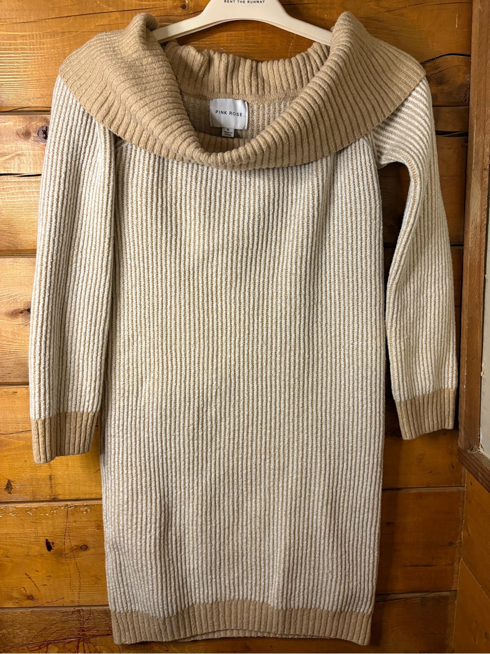 Pink Rose Cream & Tan Ribbed Cowl Sweater Dress size medium